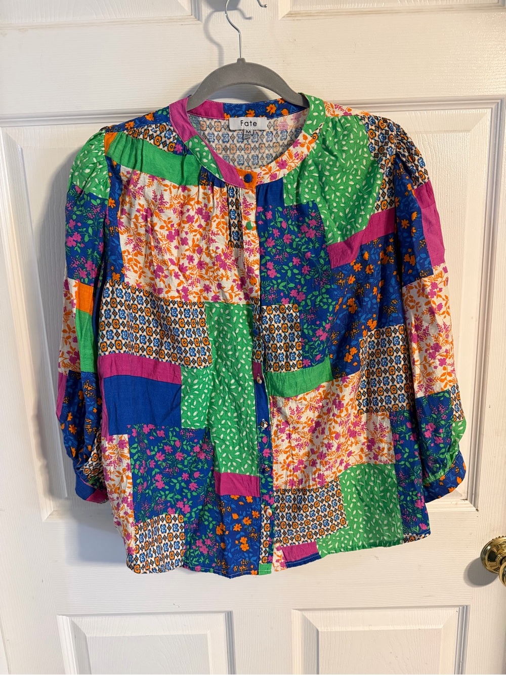 Fate Patchwork Floral Button-Front Blouse in Green, Blue, Pink, White - Picture 1 of 3
